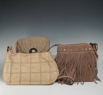 3pc Assorted Designer Handbags, Max Mara, Michael Kors, Grace Ann Agostino: Group of three assorted designer and contemporary handbags. The first item is a tan-colored textured purse attributed to Grace Ann Agostino, featuring a circular decorative front closure with a centra