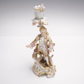 Continental Porcelain Figurine Candlestick, Man in Floral Coat