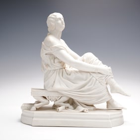 Continental White Bisque Classical Female Figure Seated on Bench