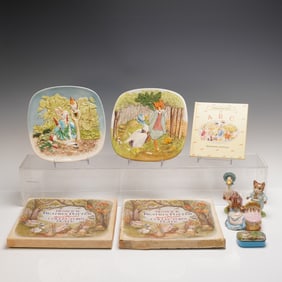 7pc Beswick Beatrix Potter Figurines (3), Plates (2), Tin & Book