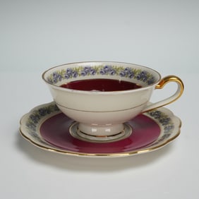 Royal Bayreuth Porcelain Cup & Saucer, Floral Border with Gold Trim