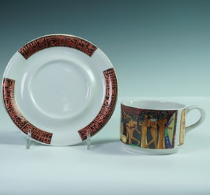 2pc The Royal Porcelain Sculpture Egyptian Motif Teacup and Saucer Set