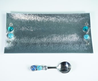 2pc Cabochon Embellished Spoon and Glass Tray Set