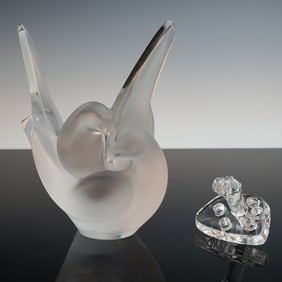 2pc Lalique France Frosted Crystal Vase & Flower Frog