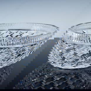2pc Waterford Crystal Bowls, Heart & Diamond Cuts: Pair of cut lead crystal bowls by Waterford, comprising a heart-shaped dish and a round bowl featuring crosshatch and vertical fluting. Both pieces signed and exhibiting classic brilliance and clarity
