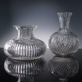 2pc Pair of Cut Crystal Vases, Ribbed and Diamond Fan Designs