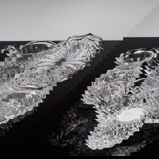 6pc Waterford Cut Crystal Table Accessories: Assorted group of six Waterford cut crystal table pieces, including a pair of small jugs, a bulb-form vase, a rounded votive holder, and more. Each piece signed and featuring a range of diamond and ve