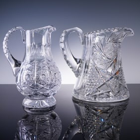 2pc Cut Glass Crystal Pitchers with Starburst Motif