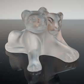 Lalique France Crystal Lion Cubs Figurine