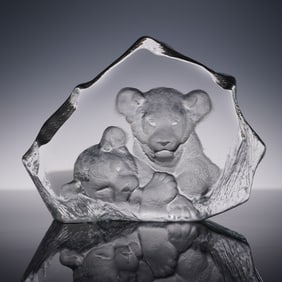 Mats Jonasson Crystal Paperweight, Lion Cubs