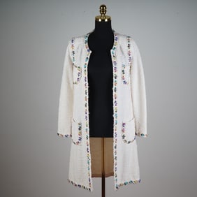 Chanel Style White Knit Boucle Coat with Multicolor Trim