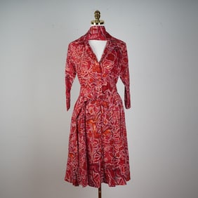 3pc Samantha Sung Cotton Shirt Dress, Red Mosaic Print with Belt & Scarf