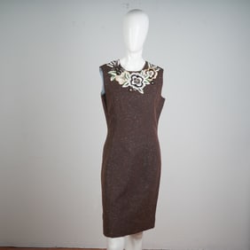 Carolina Herrera Embroidered Floral Brown Sleeveless Dress