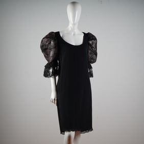 Pat Kerr London Black Dress with Dramatic Sheer Lace Puff Sleeves