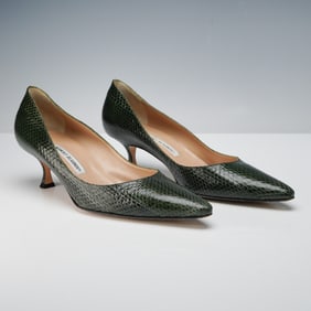 Manolo Blahnik Dark Green Snakeskin Kitten Heel Pumps