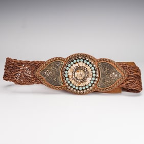 Leatherock Woven Leather Belt with Mosaic Medallion