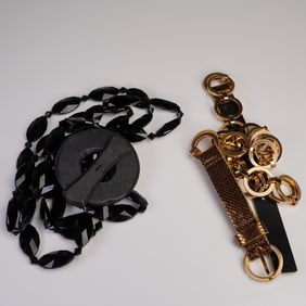 2pc Ladies Belts, Via Spiga Gold Leather & Black Beaded Stretch