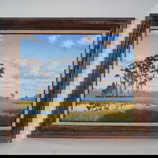 Don D. Brown, Florida Indian River School Oil Painting, Pine Hammock Signed: Pine Hammock is a captivating original oil on canvas by Don D. Brown, an esteemed artist of the Indian River School whose work carries forward the rich legacy of the Florida Highwaymen. This tranquil