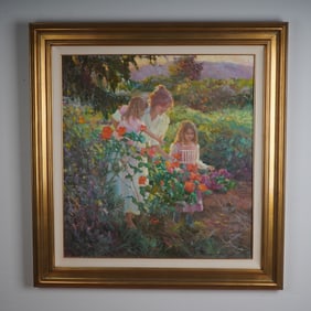 Don Hatfield, Oil on Canvas, Mother and Daughters in Garden, Signed