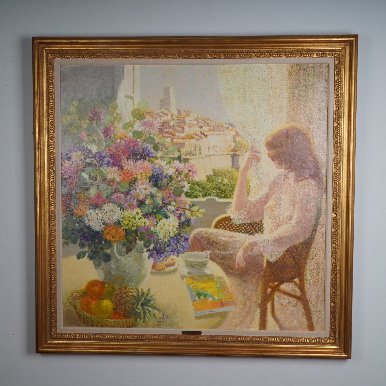Louis Fabien, Oil on Canvas, Saint-Paul de Vence, Provence, Signed: A luminous and romantic oil on canvas scene by noted French painter Louis Fabien, Reverie Devant Saint-Paul de Vence captures a contemplative young woman seated on a sunlit balcony, gazing over the ic