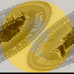 1987 Australian Nugget Elizabeth II 100 Dollars Gold Coin: 1987 Australian Nugget gold coin, struck in 1 troy ounce of 99.99% fine gold, presented in a protective slab. The obverse features the third official effigy of Queen Elizabeth II facing right, adorned