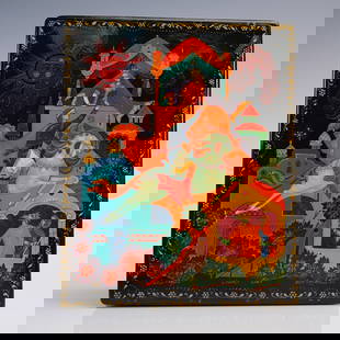 Russian Hand Painted Royal Court Lacquer Jewelry Box: Rectangular hand painted lacquer jewelry box depicting a colorful courtship scene. The detailed artwork shows a nobleman on horseback reaching toward a crowned maiden standing on a balcony. Bold color