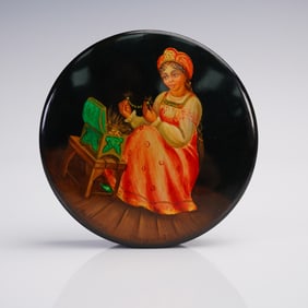 Russian Lacquer Box, Girl with Jewelry Chest, Signed Fedoskino