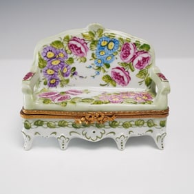Limoges Hand Painted Porcelain Figurine, Floral Sofa