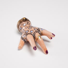 Limoges Porcelain Figurine Box, Painted Hand with Lace Motif