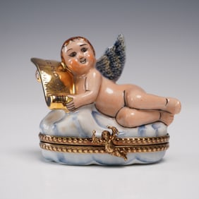 Limoges Porcelain Ring Box, Angel on Cloud with Year 2000 Scroll