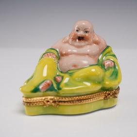 Limoges Porcelain Ring Box, Laughing Buddha in Yellow Robe
