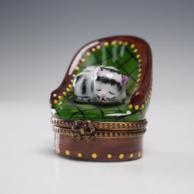 Limoges Porcelain Trinket Box, Cat on Chair