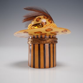Limoges Porcelain Trinket Box, Leopard Hat With Feather