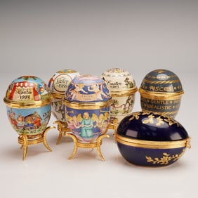 6pc Halcyon Days Porcelain Egg Boxes with Stands