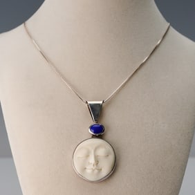 Italian 925 Sterling Silver Moon Face Pendant Necklace with Lapis Accent