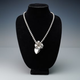 Sterling Silver Bead Necklace With Heart Charms