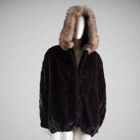 Elan Furs Dark Brown Mink Fur Coat with Fox Collar Tailored in the USA