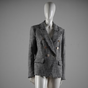 Tahari Houndstooth Wool Blend Double-Breasted Blazer w/ Gold Crest Buttons