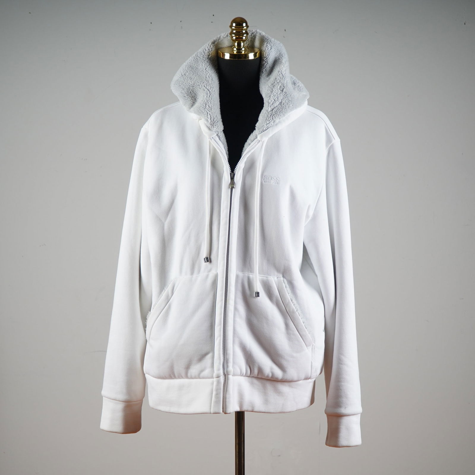 Hugo Boss White Zip-Up Hoodie with Grey Faux Fur Lining (1 of 8)