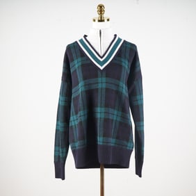 Brooks Brothers Navy & Green Plaid Cricket Sweater w/ Zip Mock Neck Insert