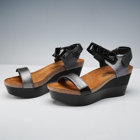 Naot Black Leather Wedge Sandals, Made in Israel