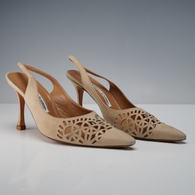 Manolo Blahnik Light Tan Suede Slingback Heels