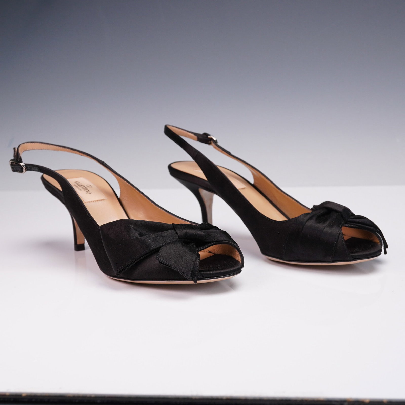 Valentino Garavani Black Satin Bow Slingback Heels (1 of 7)