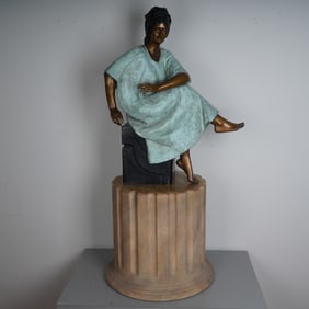 Victor Gutierrez, Patinated Bronze Sculpture w/ Base, Seated Woman, Signed