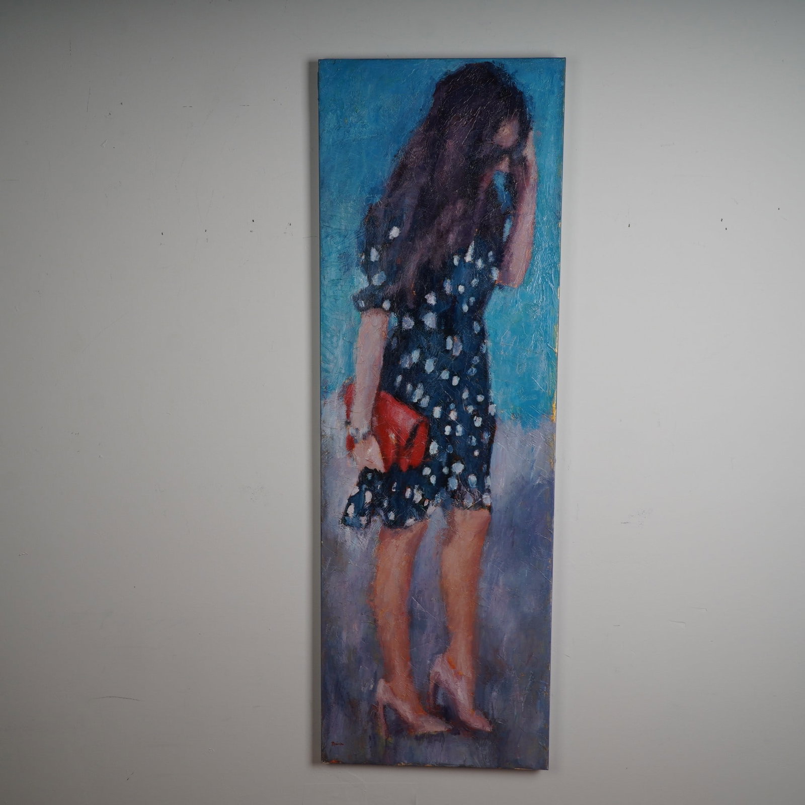 Nava Lundy, Original Acrylic on Canvas, Kiss Me Kate, Signed: Rendered with expressive brushwork and vibrant contrast, Kiss Me, Kate exemplifies Nava Lundy's romantic, painterly style. This tall-format acrylic on canvas from 2017 features a solitary female figur