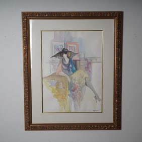 Patricia Govezensky, Watercolor on Paper, Seated Lady in Black Hat, Signed