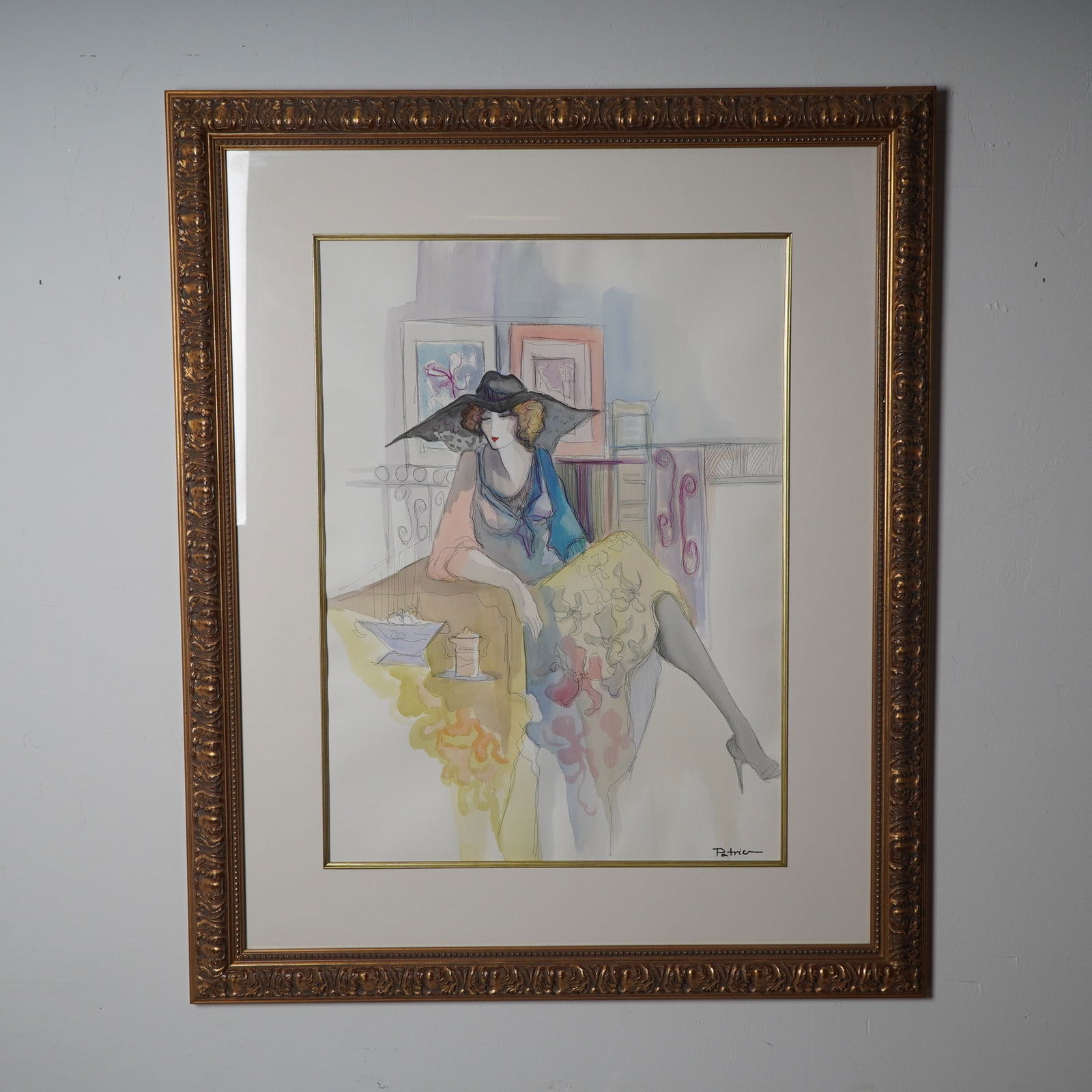 Patricia Govezensky, Watercolor on Paper, Seated Lady in Black Hat, Signed (1 of 6)