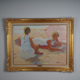 Boris Tchoubanov, Oil on Canvas, Beach Scene with Two Girls, Signed