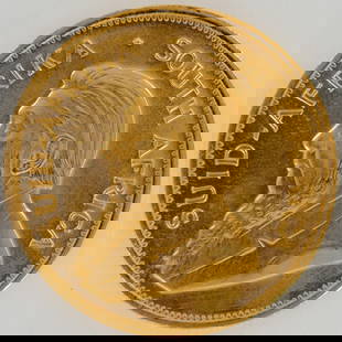 1983 South African 1 oz Gold Krugerrand Coin: 1983 South African 1 oz Gold Krugerrand coin contained within a sealed protective slab. The obverse shows a left-facing portrait of Paul Kruger, former president of the South African Republic, with th