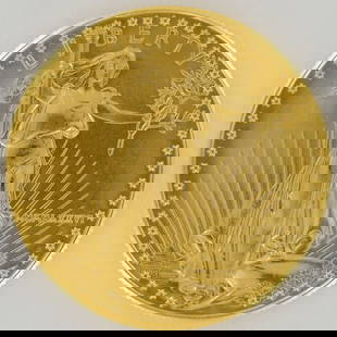 1986 1 oz American Gold Eagle 50 Dollar Coin: Struck by the United States Mint in 1986, this 1 oz American Gold Eagle bullion coin has a legal tender face value of 50 dollars. The obverse features a design based on Augustus Saint-Gaudens' 1907 Go
